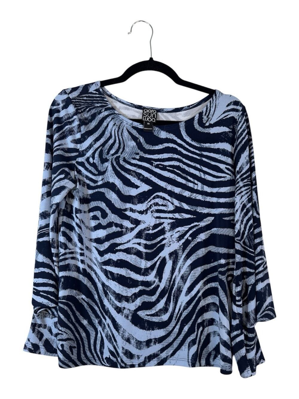 Clara Sun Woo Blue Zebra Print Blouse Womens XS Artsy Shirt Top